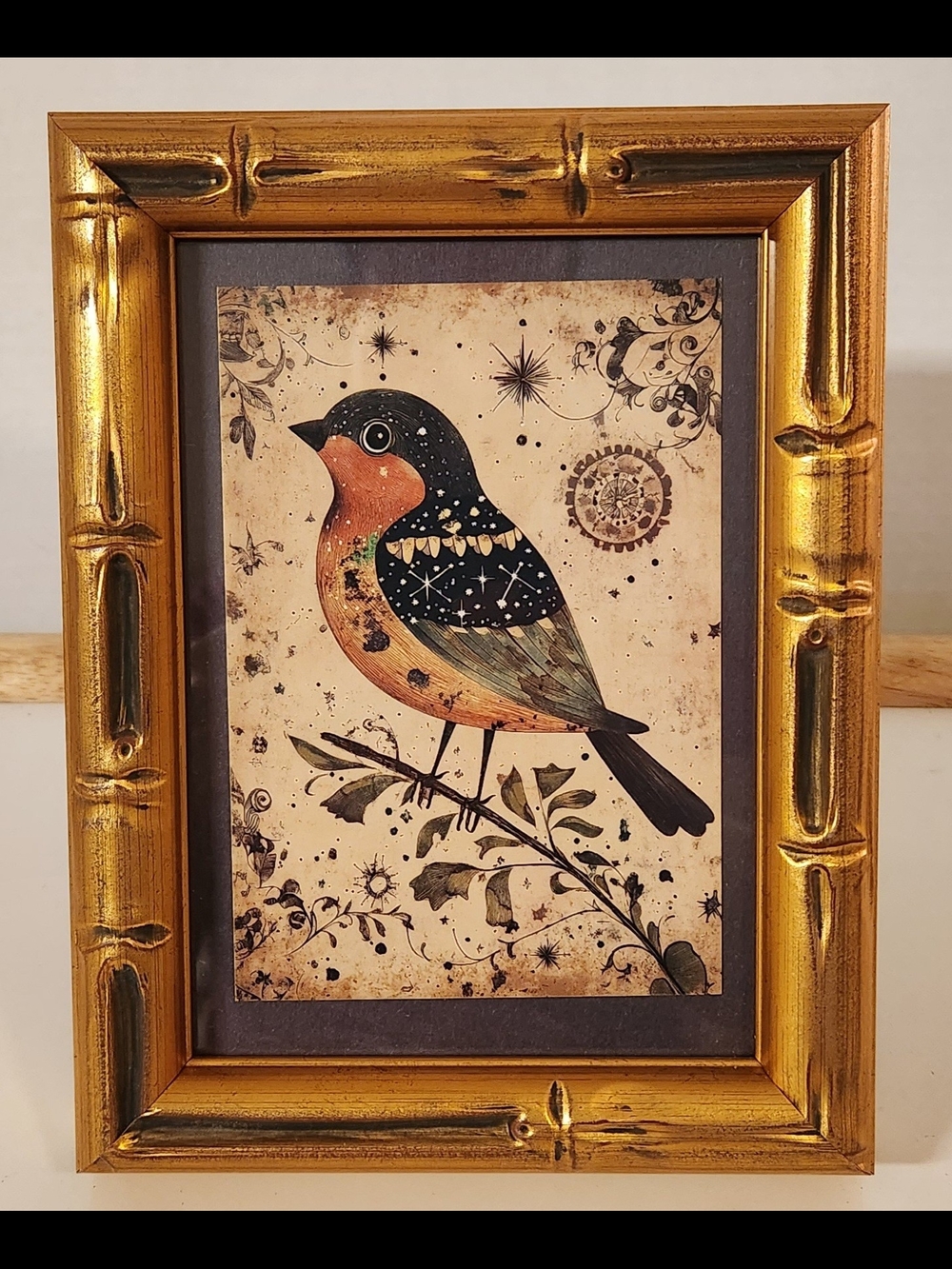 Hollywood Regency Gold Bamboo Picture Frame & Celestial Bird Folk Art